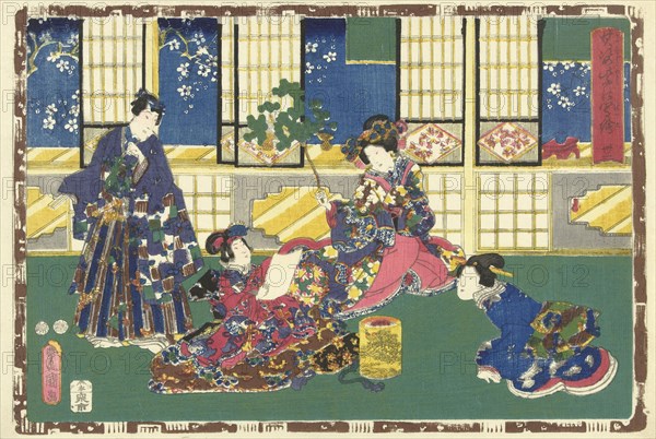 Prince Genji, an elegantly dressed woman and a maid, Japanese print, Kunisada (I), Utagawa, Kinugasa Fusajiro, Murata Heiemon, 1851 - 1853