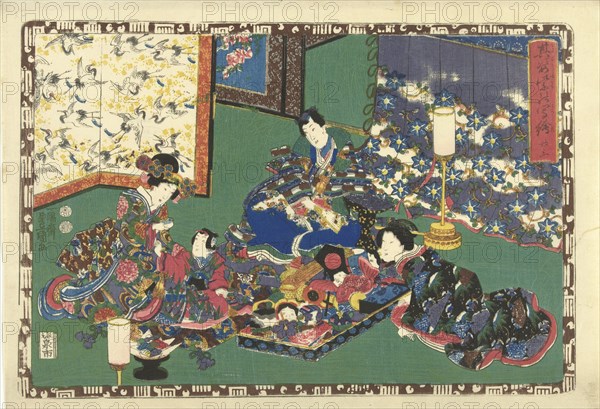 Prince Genji, two women and a girl sitting around large container with toys; in room with folding screen which cranes, Japanese print, Kunisada (I), Utagawa, Kinugasa Fusajiro, Watanabe Shoemon, 1849 - 1850