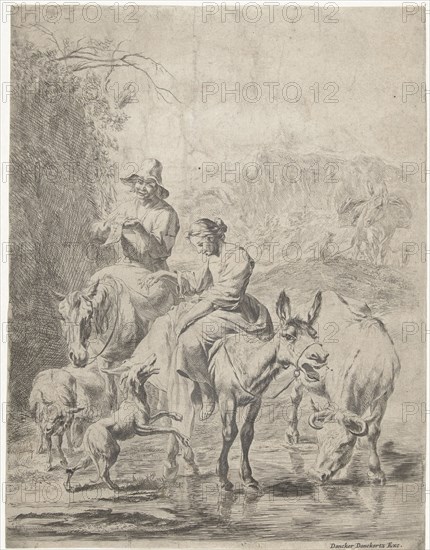 Shepherdess on donkey and shepherd on horseback crossing creek, Nicolaes Pietersz. Berchem, print maker: Anonymous, Dancker Danckerts, 1652 - 1666