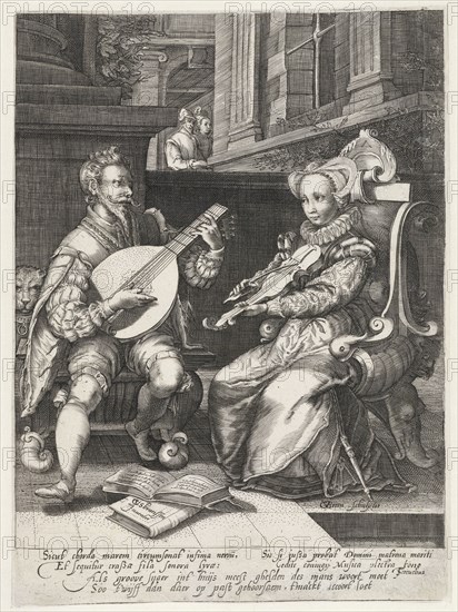 Allegory of marriage, print maker: Gillis van Breen, Cornelis Cussens, Theodorus Schrevelius, c. 1595 - c. 1610