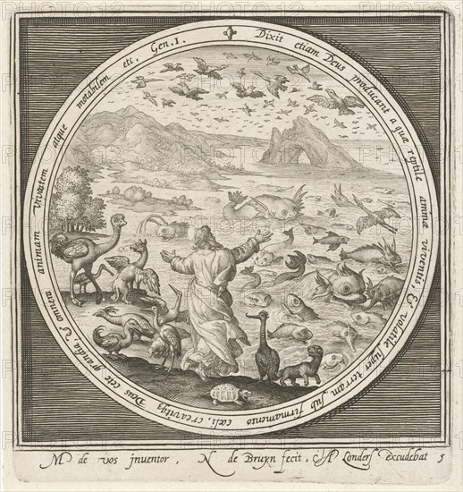 Fifth day of creation, God creates fish and birds, Nicolaes de Bruyn, Assuerus of Londerseel, 1581-1656