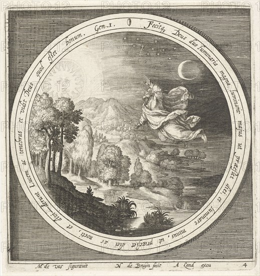 Fourth day of creation, God creates the sun, moon and stars, Nicolaes de Bruyn, Assuerus van Londerseel, 1581 - 1656