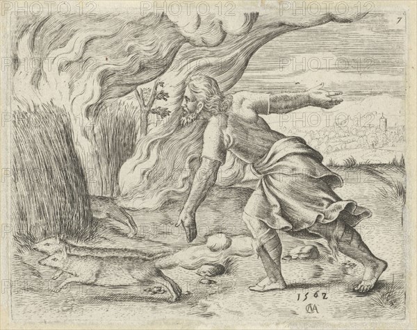 Samson puts the wheat fields of the Philistines in fire, Cornelis Massijs, 1562