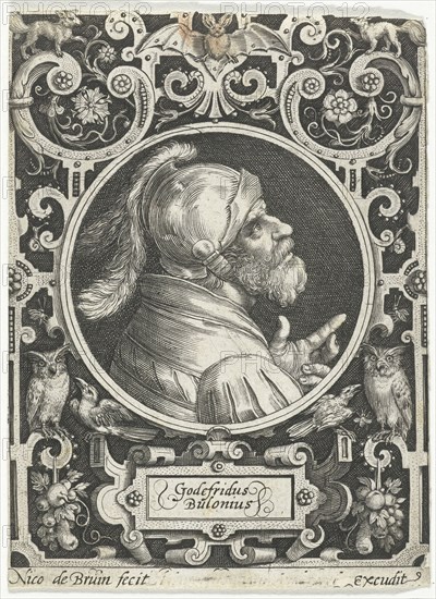 Portrait of Godfrey of Bouillon in medallion inside rectangular frame with ornaments, Nicolaes de Bruyn, Anonymous, 1594
