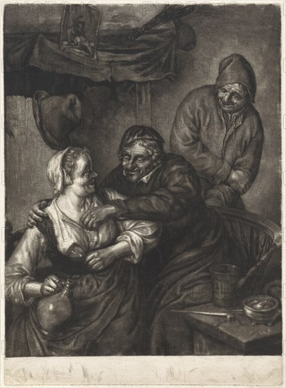 Tavern scene with three figures with a fireplace, Pieter Schenk I, Adriaen van Ostade, 1670-1713