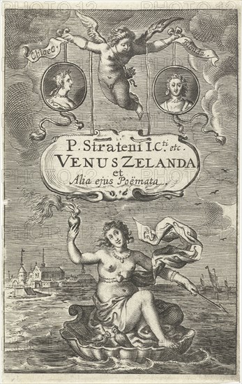 Venus on a shell with burning heart and arrow, floating off the coast of Zeeland, topped by two medallions with portraits of Cloes and Blondae and cartouche with title held by Amor, Cornelis van Dalen I, Cornelis Boey, 1641