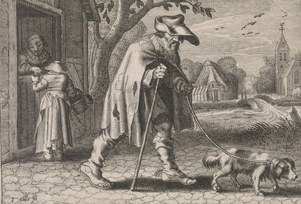 Blind man led by a dog, woman before the door of her house, she buys something from a market stall, print maker: Johann Gelle (mentioned on object), Dating 1624