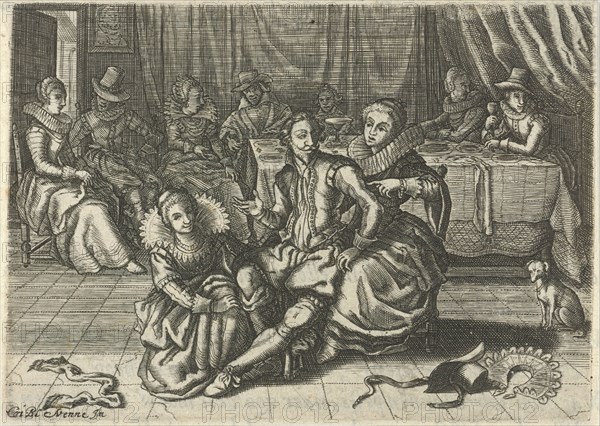Interior in which two women of easy virtue undress a man, print maker: Christiaan Le Blon (mentioned on object), Dating 1624
