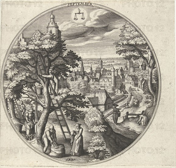 Round table with an autumn landscape and autumn scenes, September is the month of fruit, the fruit harvest, Men and women picking apples from an orchard, print maker: Adriaen Collaert, Dating 1578 - 1582