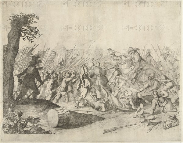 Fight between horsemen and infantry, Willem Basse, 1633 - 1672