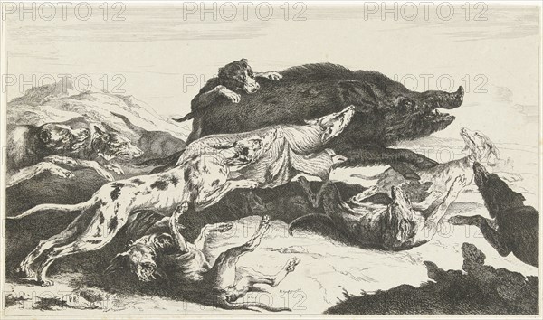 Dogs hunt a boar, William Young Ottley, Peeter Boel, 1828