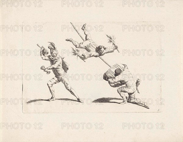 Three acrobats in action, Anonymous, Gerardus Josephus Xavery, Pieter Schenk (II), 1728