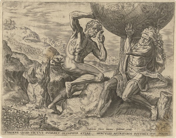 Hercules takes the globe of Atlas and bears him on his shoulder, Atlas before Hercules steal the golden apples of the Hesperides, print maker: Cornelis Cort (mentioned on object), Dating in or after 1563 - before 1595