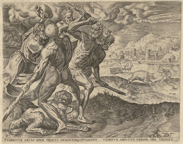 Hercules kills Geryon and his dog, Cornelis Cort, Julius Goltzius, in or after 1563 - before 1595