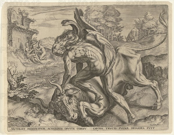 Hercules wrestles with AcheloÃ¼s, Cornelis Cort, Julius Goltzius, in or after 1563 - before 1595