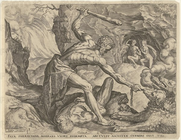 Hercules drags Cerberus from Hell, Julius Goltzius Cornelis Cort, in or after 1563 - before 1595