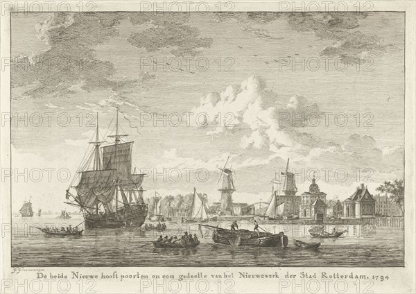 View of Rotterdam from the water, to the right is the new main gate flanked by two stone mills, a three-master, The Netherlands, print maker: Gerrit Groenewegen (mentioned on object), Dating 1794