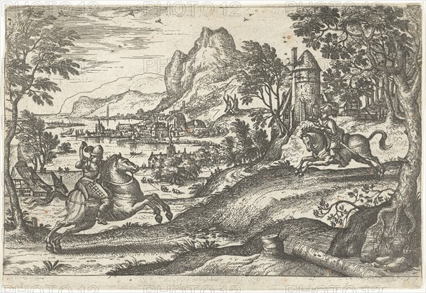 Landscape with two riders, Pieter van der Borcht (I), 1545 - 1608