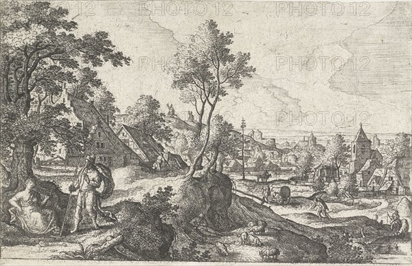 Landscape with traveler and resting woman, Hans Bol, Anonymous, c. 1550 - c. 1650