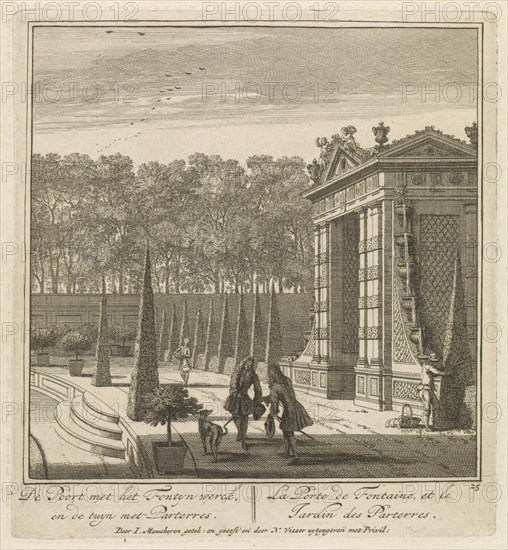 Gate in the garden of Castle Heemstede, gazebo overlooking the lake, the port and Castle Heemstede, Isaac de Moucheron, 1706 - 1719