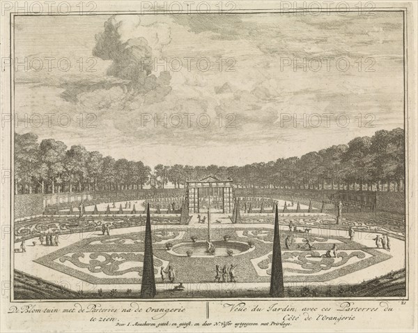 Formal gardens at Castle Heemstede, Large pond at Castle Heemstede, Cave seen from the gallery, Grotto in the garden of Castle Heemstede, Isaac de Moucheron, 1706 - 1719