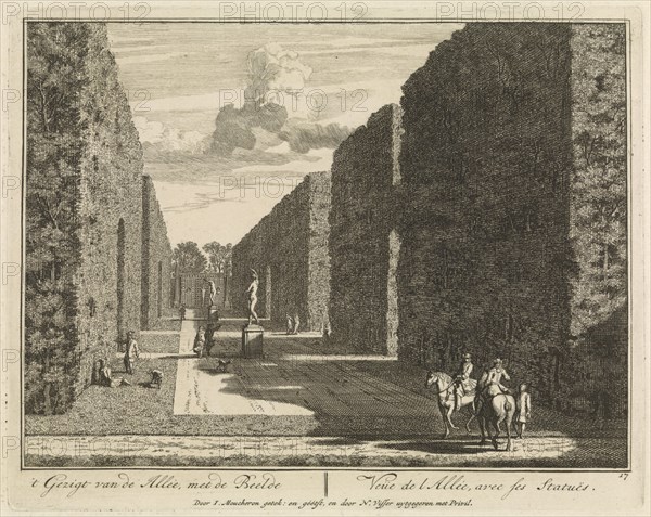 Statues in the garden, avenue lined with arches, Overgrown garden galleries, Orchard, Isaac de Moucheron, 1706-1719
