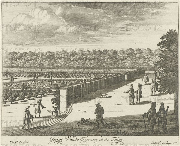 View from the terrace in the garden of Soestdijk Palace, with walking figures, The Netherlands, print maker: Hendrik de Leth (mentioned on object), Dating 1725 - 1747