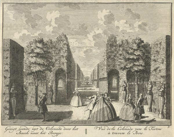 View from the colonnade at the French Garden House at House ter Meer in Maarssen, with walking figures, The Netherlands, print maker: Hendrik de Leth, Dating c. 1740