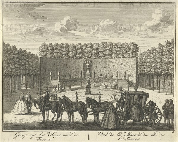 View of the terrace in the French garden of House ter Meer in Maarssen, in the foreground stands a carriage drawn by six horses, The Netherlands, print maker: Hendrik de Leth, Dating c. 1740