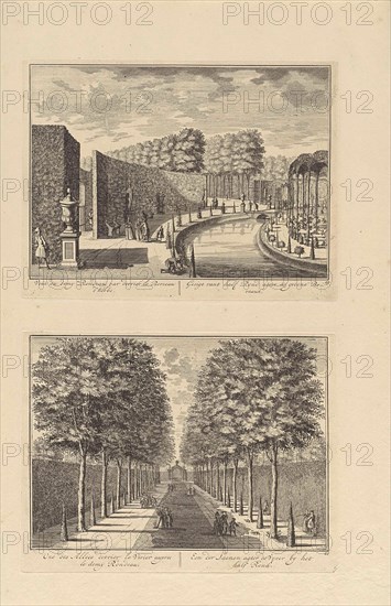 View of the semicircular closure of the garden behind Slot Zeist / View of the central avenue behind the garden at Slot Zeist, DaniÃ«l Stopendaal, 1682 - 1726
