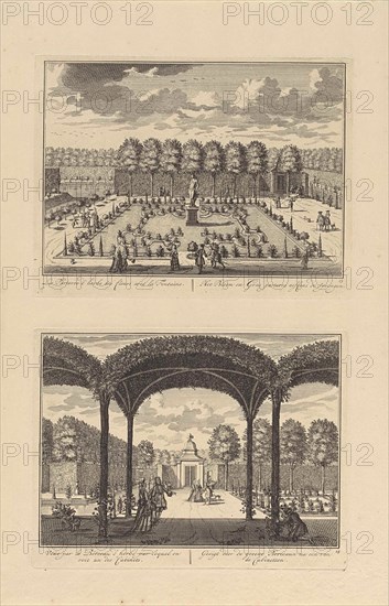 View of the parterre with grass and flowering plants on the south side of Slot Zeist, left the fountains, The Netherlands, print maker: DaniÃ«l Stopendaal, Dating 1682 - 1726