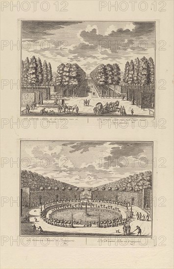 Big avenue of Zeist Castle to the village, The Netherlands, print maker: DaniÃ«l Stopendaal, DaniÃ«l Stopendaal, Nicolaes Visscher II, 1682 - 1726