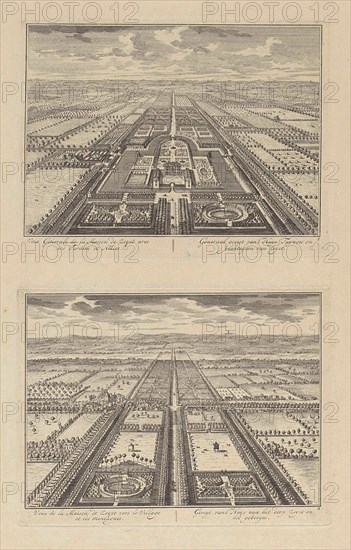 View of Slot Zeist with gardens, view toward Bunnik, on the horizon a tower at Amersfoort, The Netherlands, print maker: DaniÃ«l Stopendaal, Dating 1682 - 1726