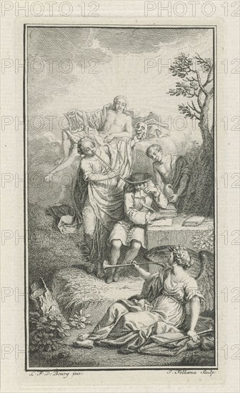 Playwright Paul Scarron surrounded by allegorical figures, Jacob Folkema, 1703 - 1767