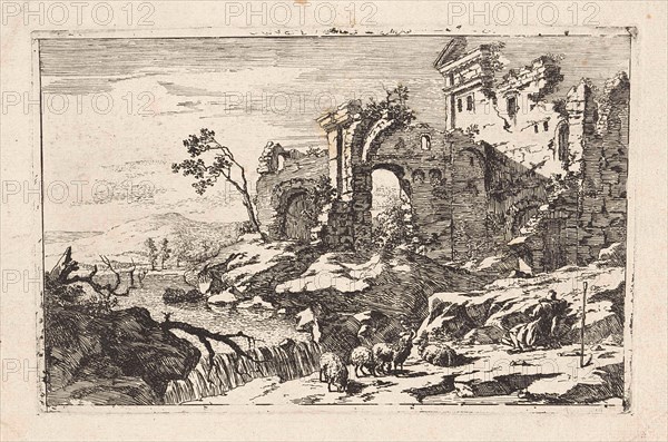 Landscape with ruins and waterfall, Jan Smees, 1705 - 1729