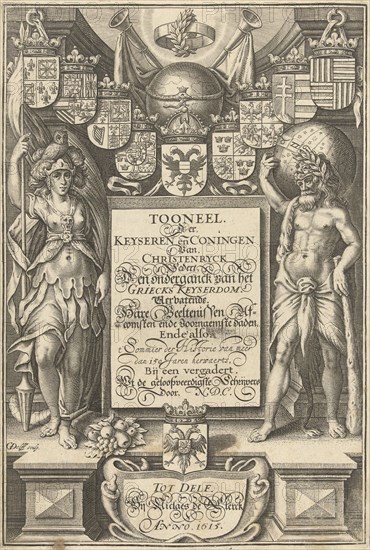 Cartouche with title, flanked by Hercules with celestial globe and Minerva, Upper arms, globe and trumpets, print maker: Willem Jacobsz. Delff (mentioned on object), Dating 1615