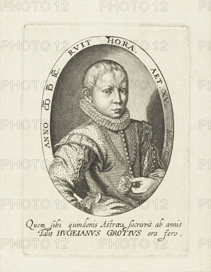 Bust of Hugo Grotius as 15-year-old young man, seen on the right side, in oval, print maker: Jacob de Gheyn (II) (mentioned on object), Dating 1599