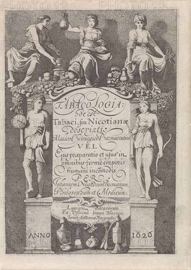 Allegory with Apollo and Diana and three personifications of pharmacy, Moyses van Wtenbrouck, Isaac Elzevier, 1626