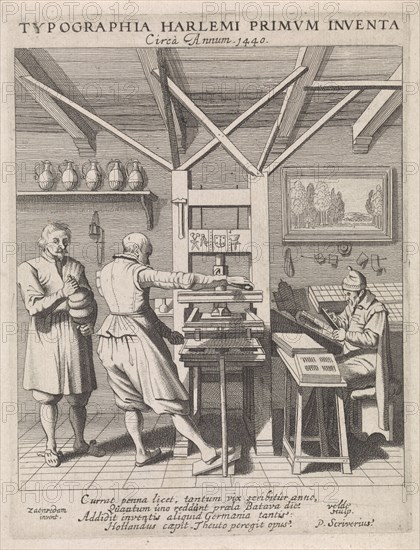 The invention of the printing press by Laurens Jansz. Coster, Haarlem, ca. 1440, interior of a book printer, with a printing press and putting letters, print maker: Jan van de Velde (mentioned on object), Dating 1628