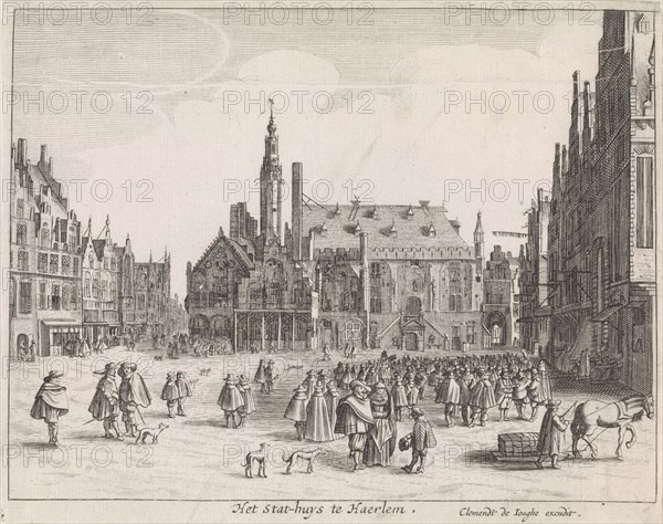 View of the Market Square with the Town Hall in Haarlem, The Netherlands, Jan van de Velde II, print maker: Anonymous, Pieter Jansz. Saenredam, 1628 and/or 1640 - 1670