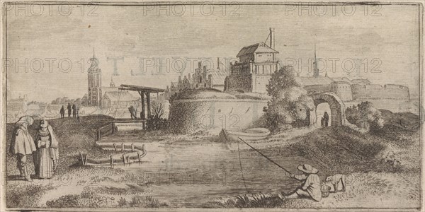Angler in a fortified city, Jan van de Velde (II), Cornelis Willemsz Blaeu-Laken, 1627