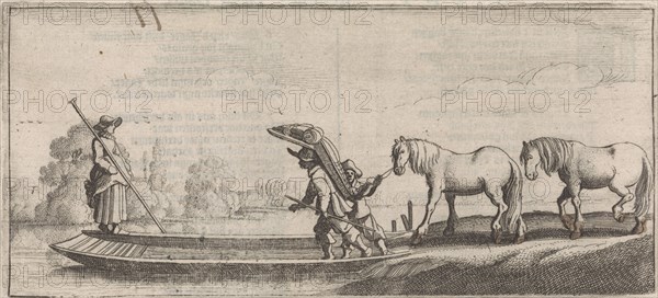 Peddler and two horses on a ferry, Jan van de Velde II, Cornelis Willemsz Blaeu-Laken, 1627