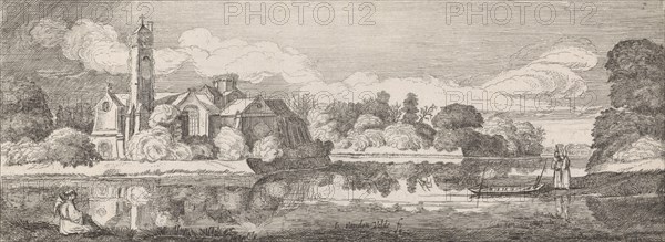 Clerics at an abbey in a river landscape, print maker: Jan van de Velde II, Willem Pietersz. Buytewech possibly, 1603 - 1641