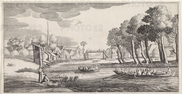 Two rowing boats on a river in a village, print maker: Jan van de Velde II, 1639 - 1641