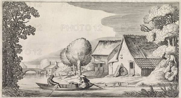 Farmer and his wife in a rowing boat, in the background a stone bridge can be seen, print maker: Jan van de Velde (II), Dating 1639 - 1641