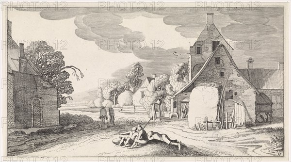 Resting farmers along a road in a village, print maker: Jan van de Velde II, 1639 - 1641