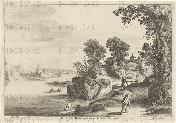 River landscape with travelers on country road, on a stone bridge over a waterfall a horseman in conversation with another figure, on the banks of the river an angler, print maker: Jan van de Velde (II) (mentioned on object), Dating 1628 and/or 1728 - 1761