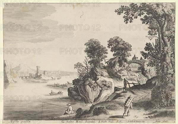 River landscape with travelers on country road, Jan van de Velde (II), Pieter Schenk (II), 1628