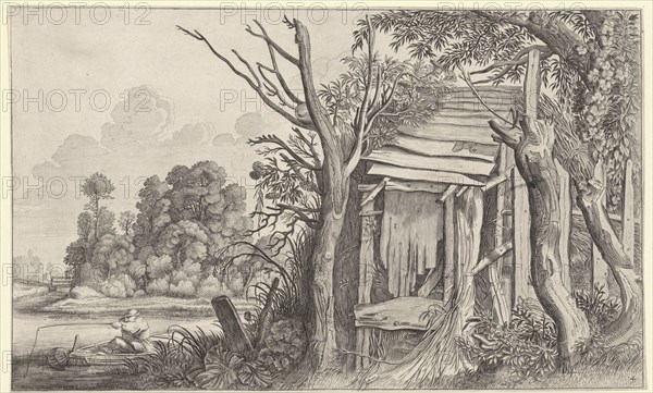 Angler in a dilapidated hut in a landscape, print maker: Jan van de Velde II, Pieter de Molijn, Willem Pietersz. Buytewech, 1604 - 1641