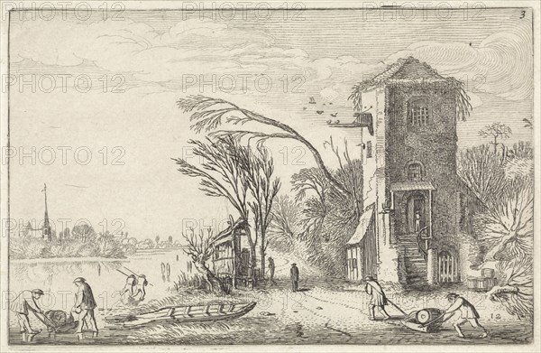 Figures in a winter landscape with a tower, Jan van de Velde (II), 1616